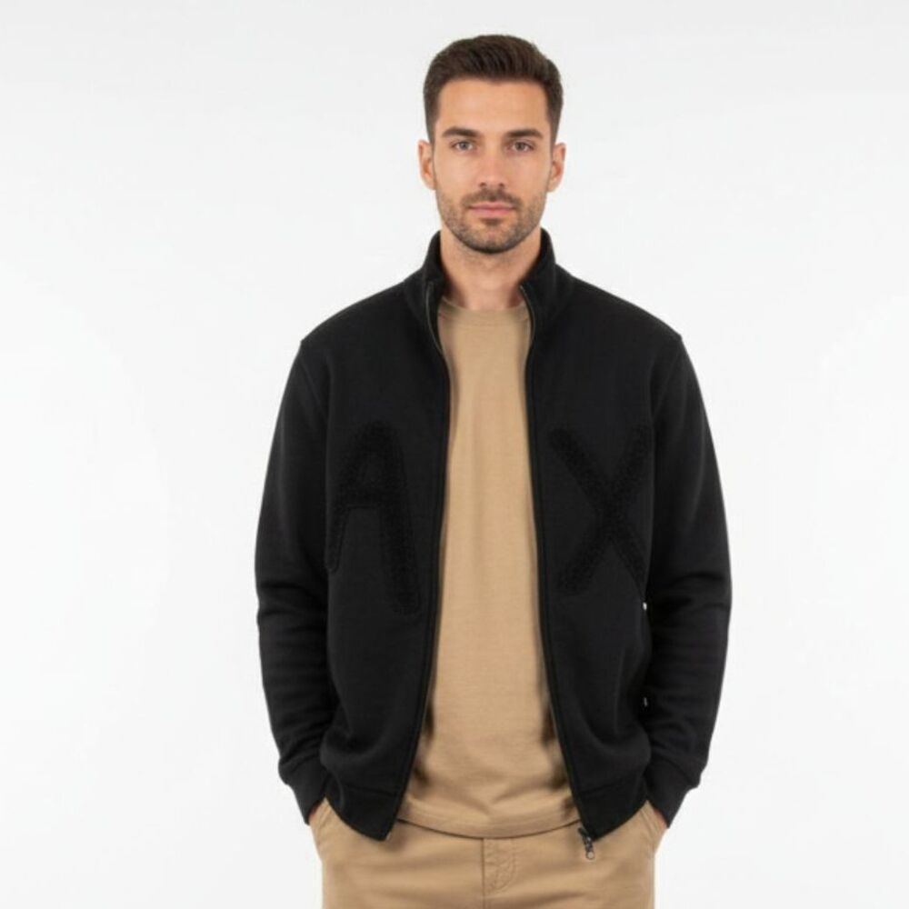 Armani Exchange Black Logo Chest Terry Zip Up Athletic Sport Collarless Jacket